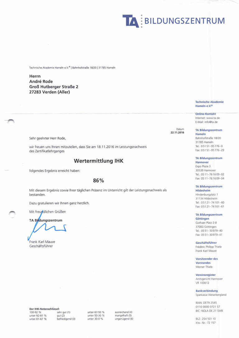 Zertifikat der Technischen Akademie Hameln an André Rode mit dem Ergebnis der Wertermittlung IHK von 86 %, ausgestellt am 22.11.2016 und unterschrieben von Frank Karl Mauve, Geschäftsführer, mit Kontaktdaten und Notenschlüssel am rechten und unteren Rand.