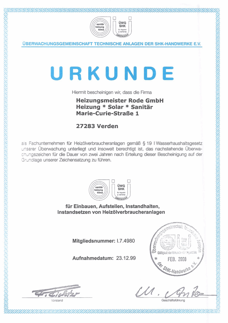 Zertifikat der Überwachungsgemeinschaft Technische Anlagen der SHK-Handwerke e.V. für Heizungsmeister Rode GmbH, Heizung, Solar, Sanitär, Marie-Curie-Straße 1, 27283 Verden, mit Unterschriften, Stempel und Gültigkeit bis Februar 2008.