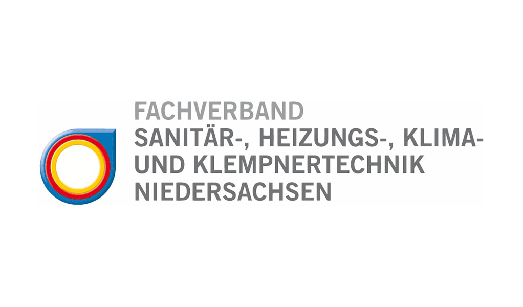 Logo des Fachverbands Sanitär-, Heizungs-, Klima- und Klempnertechnik Niedersachsen mit stilisiertem Tropfen in Blau, Rot und Gelb sowie Text in Grau auf weißem Hintergrund.