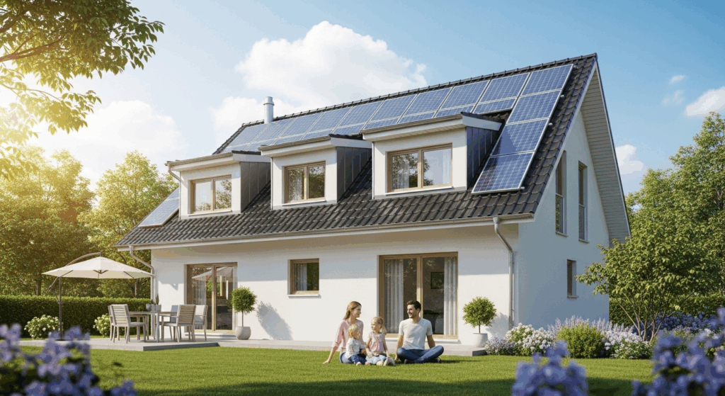 Modernes Einfamilienhaus mit Solarpaneelen auf dem Dach, umgeben von einem gepflegten Garten mit blühenden Pflanzen und Bäumen, im Vordergrund sitzt eine Familie mit zwei Kindern auf dem Rasen.