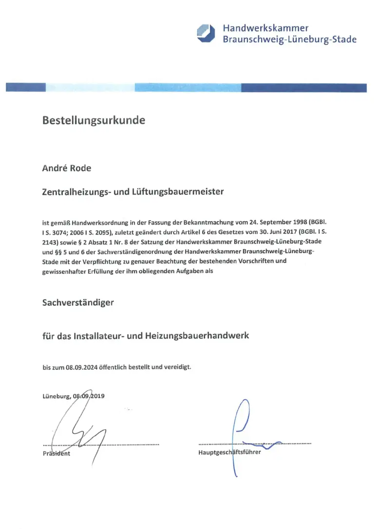 HWK Braunschweig-Lüneburg-Stade - Bestellungsurkunde Zentralheizungs- und Lüftungsbauermeister