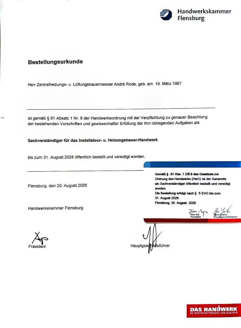 Sachverstaendiger Bestellungsurkunde Zentralheiungs und Lueftungsbauermeister